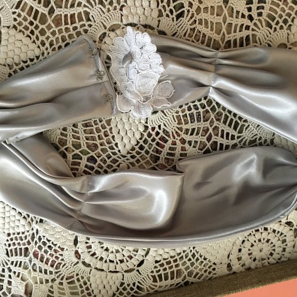 Bridal MOB Dress Silver Satin White Lace V-neck Dress Size 10 Medium - Picture 7 of 16